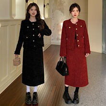 冬新款大码女装感轻奢小众套装加棉小香风外套半裙两件套