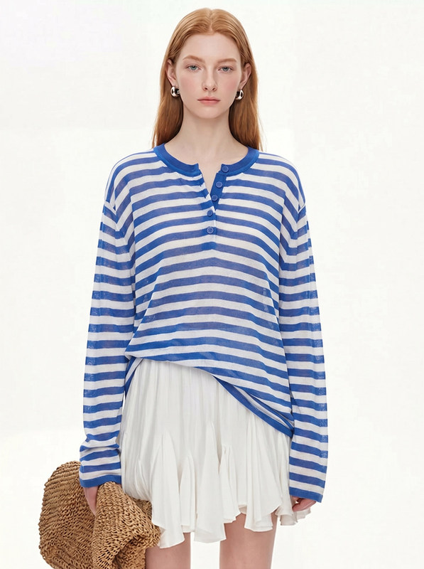 French High-End Navy Style Blue and White Striped Long-Sleeved T-Shirt Knitwear for Women Summer Loose Thin Sun Protection Cover-Up