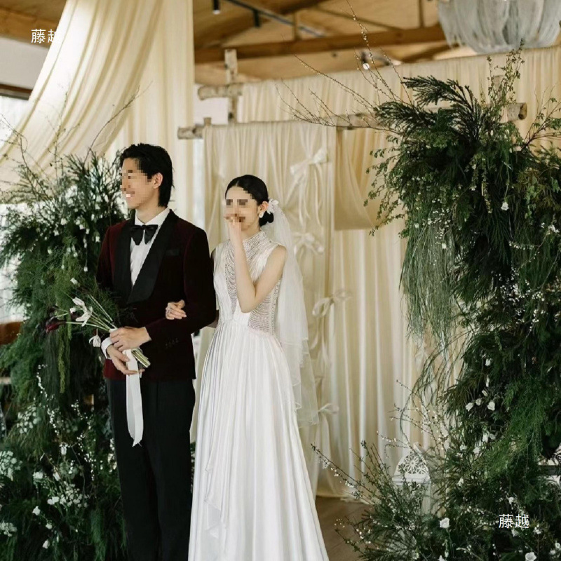 韩系法式复古杏色奶油色香槟色布幔婚庆周岁宴布置影楼摄影背景布|undefined