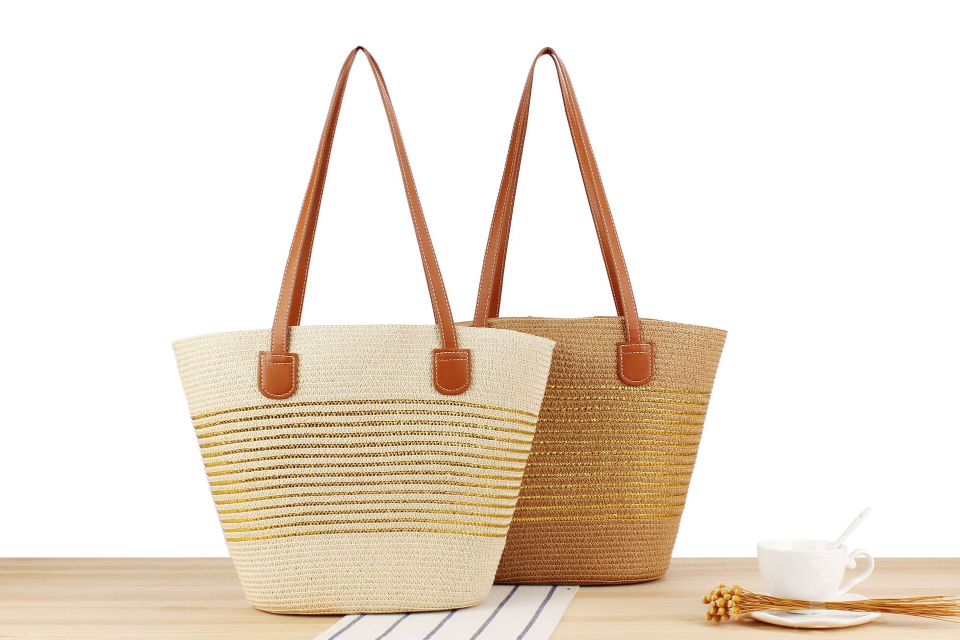 1020g Weight Polyester Cotton Lining Material Weave Fashion Element Zipper Closure Type Double Shoulder Straps Strap Type Straw Bag Bags Type Casual, Travel Occasion Solid Color Pattern Spring&Summer Season Women's Gender Vacation, Beach Style Bucket Shape Large Size Women's Vacation Beach Solid Color Paper Shopping Bags 2