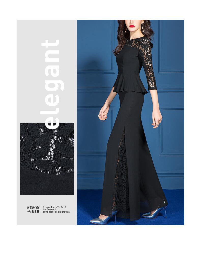 Round Neck Neckline Fashionable Black Lace Wide Leg Pants Set Spring Summer Outfit Two Piece Set Slimming Trendy Commute Style Polyester Blend