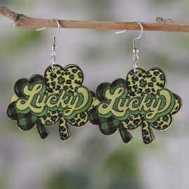 圣帕特里克节豹纹三叶草耳环爱尔兰绿色节Lucky耳坠双面木质耳饰