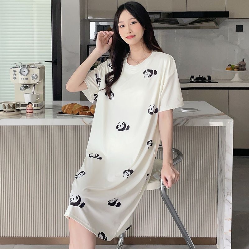 Venta al por mayor transfronteriza verano nuevo pijama mujer imitación algodón cinturón cojín en el pecho impresión de dibujos animados gran tamaño camisón de manga corta mujeres pueden usar