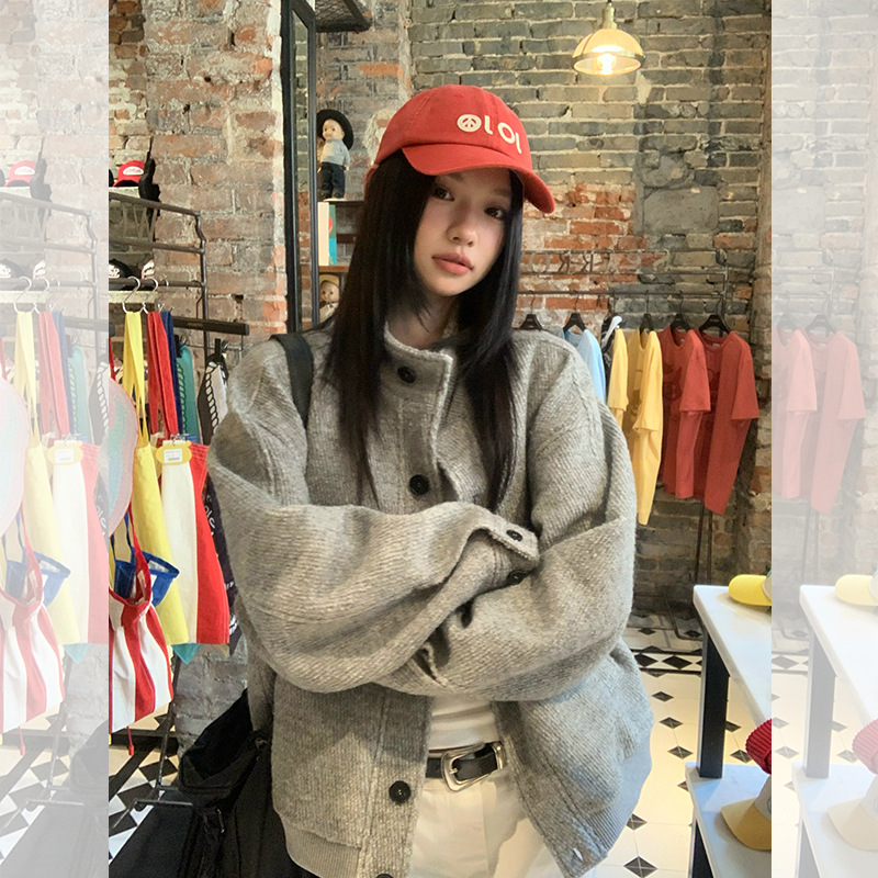 Big Ears Lumoder Stand Collar Light Gray Quilted Wool Short Outwear Women's Winter New High-End Cotton Outwear