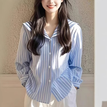 Blue Striped Navy Collar Blazer Coat Spring and Autumn Design Women's 2025 New Arrival High-end Top Fashion Trendy