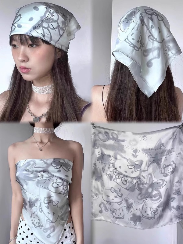 かわいいキティ猫手描き落書きグレーバンダナ女性の春夏の新しい y2k ホットガールストリートファッションラップ胸スクエアスカーフ|undefined