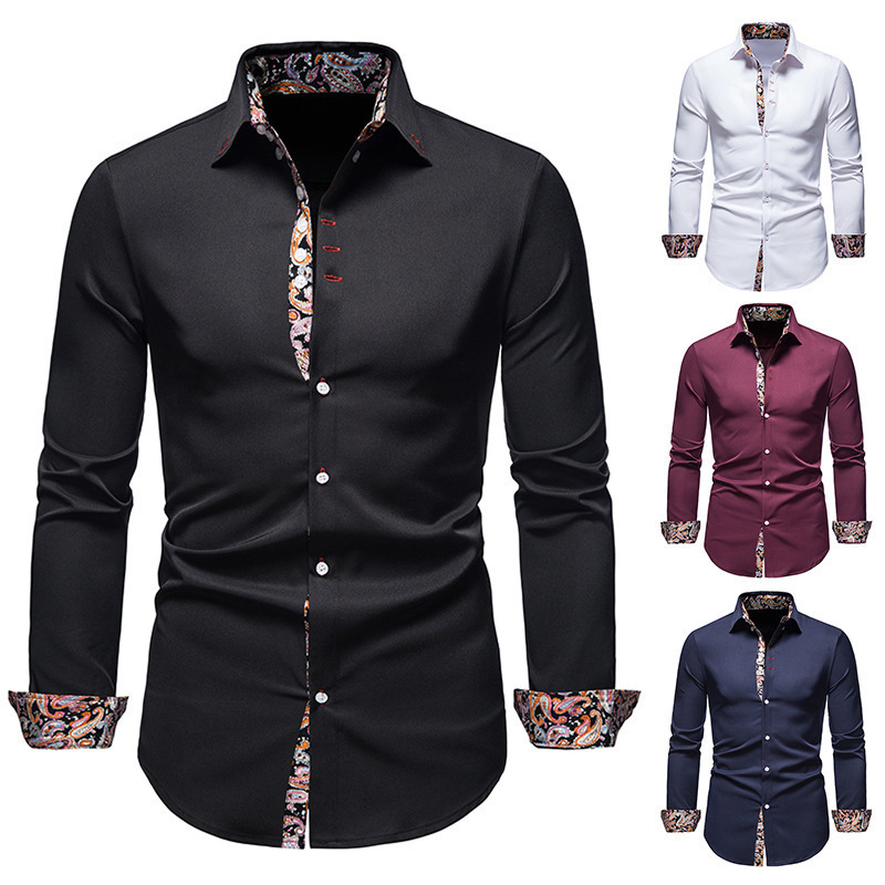 Cross-border 2024 new men's long sleeve shirt European and American style youth leisure lapel slim color matching shirt men's wholesale