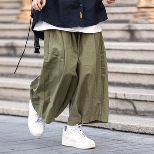 Summer Japanese Retro Solid Color Loose Cropped Pants Men's Straight Wide-Leg Casual Simple Couple Style Thin Cargo Pants