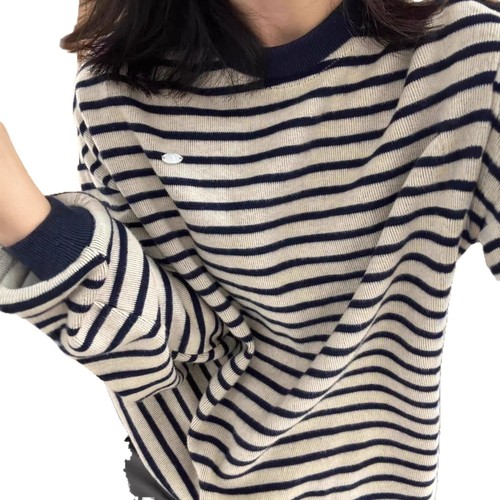 American oversize striped round neck sweatshirt for women spring and autumn 2025 new hot style loose unique super good-looking top