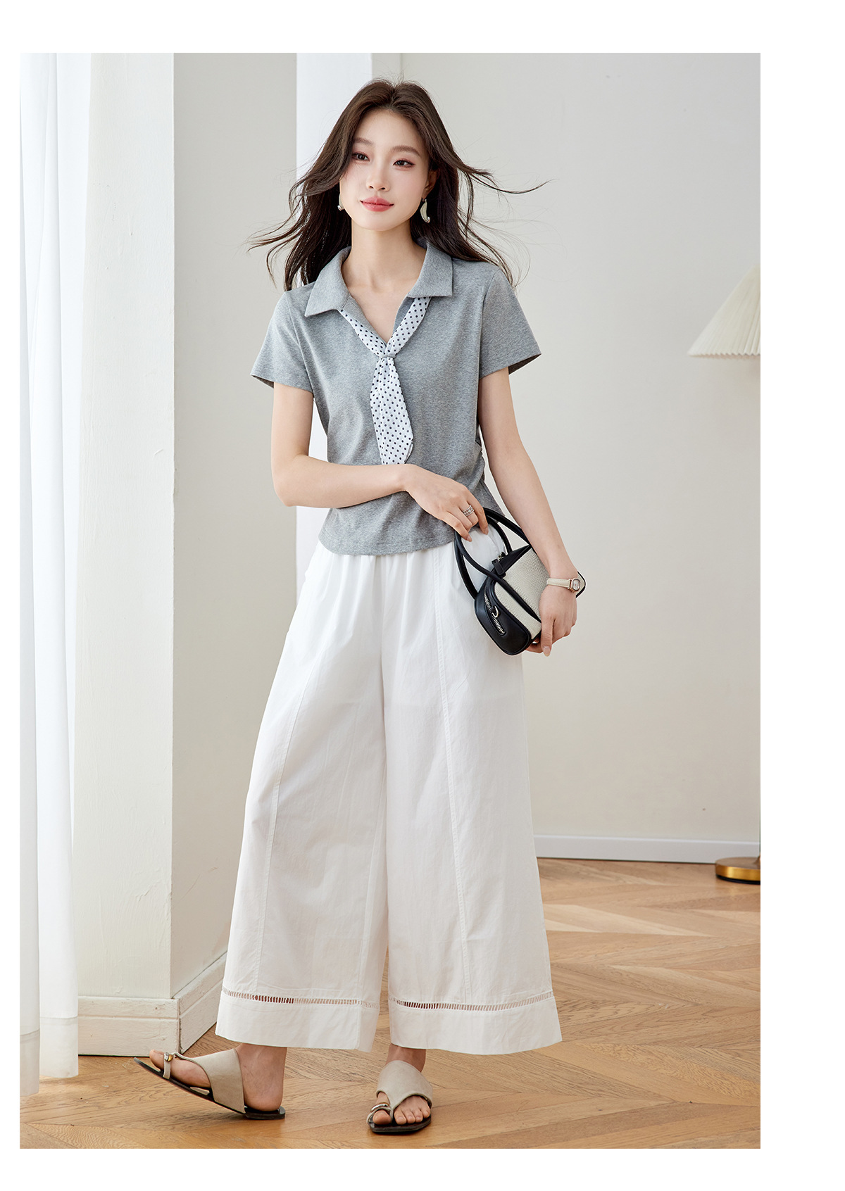 Bộ quần áo nữ gồm áo thun cổ tròn phối khăn lụa và quần ống suông rộng — Xám + quần trắng chi tiết 11