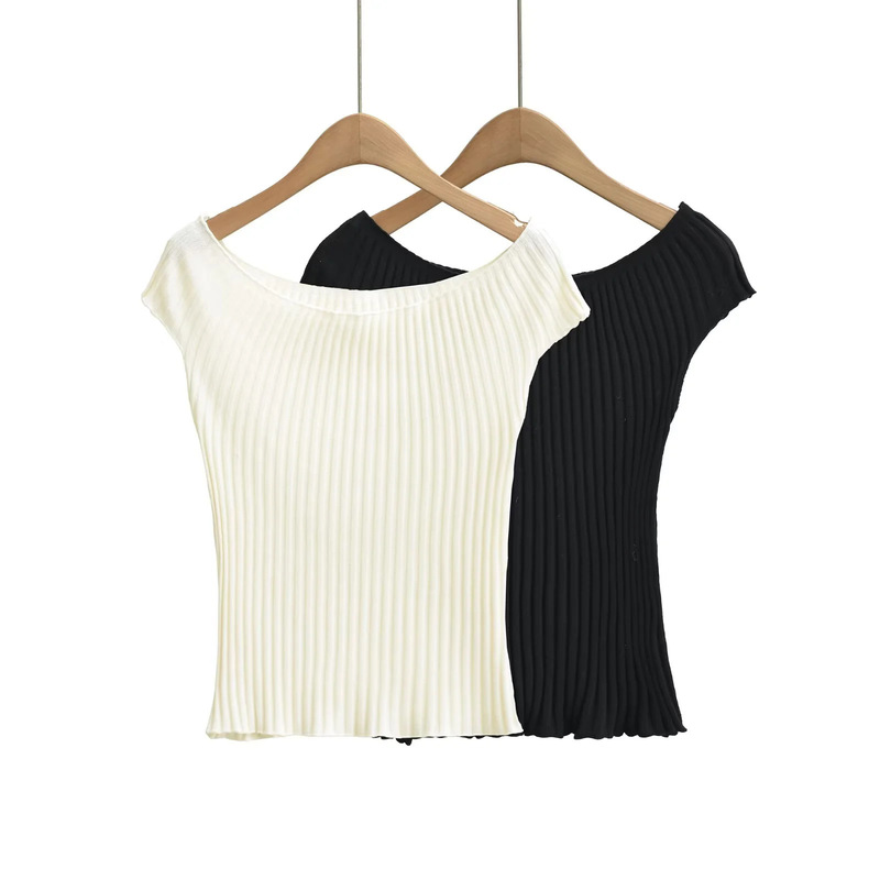 2026 Summer Off-Shoulder Short Sleeve Knitted Sweater for Women, Unique One-Shoulder Two-Way Wear, Off-Shoulder Rolled Edge Slim Fit Short T-Shirt Top