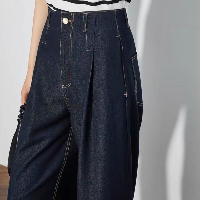 Soft Denim Non-Fading High-Waisted Straight Wide-Leg Pants for Tall Women, Extra-Long Floor-Length, Tencel-Like Drape, Thin Denim Jeans for Women