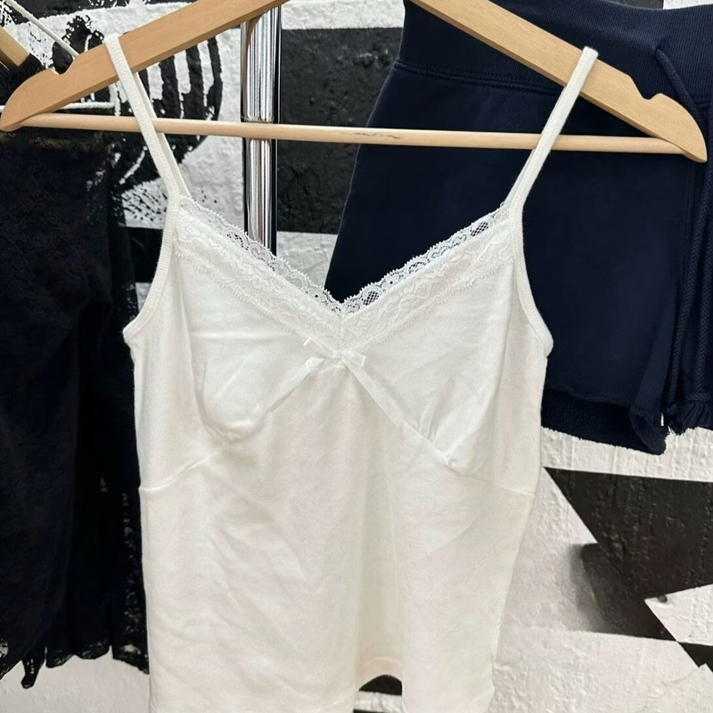 BM Style Flat for New White V-neck Bow Lace Sling Women's Bm Slim-fit Outer Wear Inner Slim Short Top