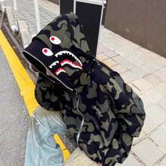美式高街中学生双帽迷彩连帽卫衣拉链开衫青少年春秋鲨鱼外套男女
