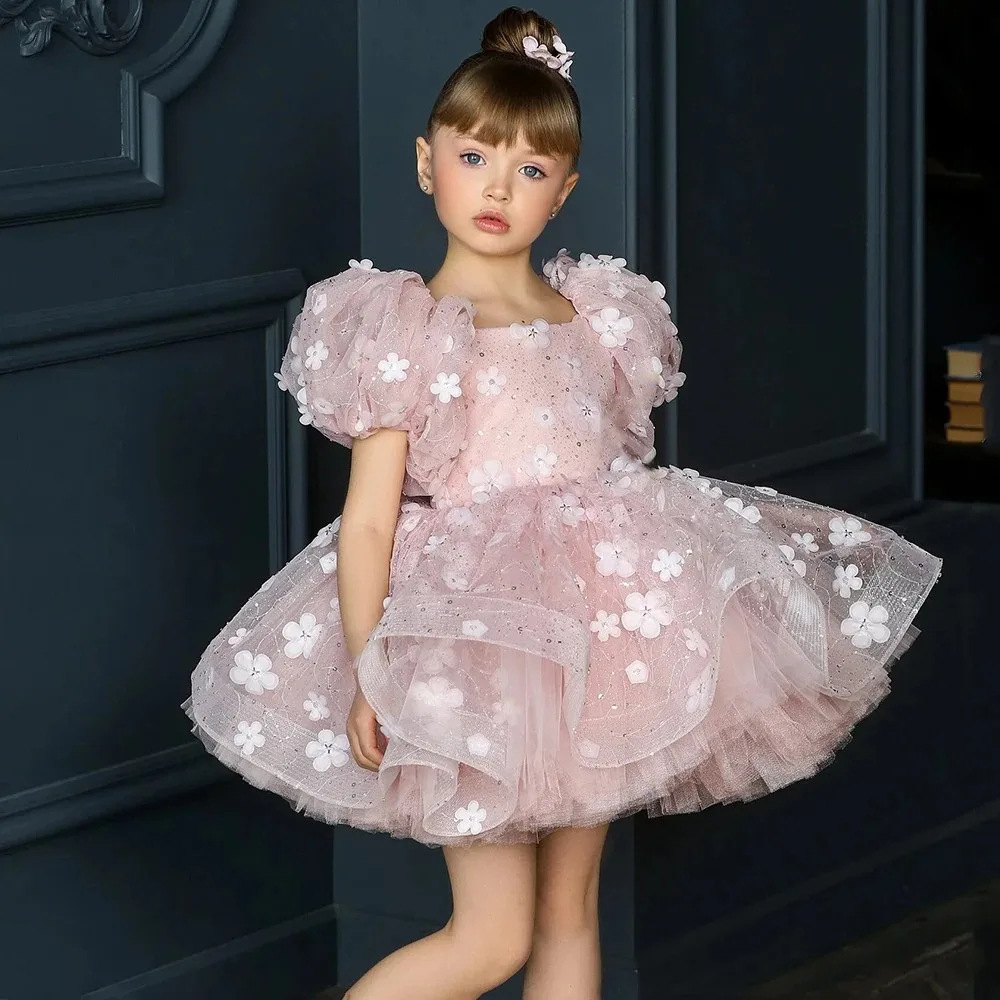 Robe de princesse rose pour petites filles, style français, manches courtes, tutu, idéale pour les anniversaires et les fêtes d'enfants. 【Prévente | Livraison sous 15 jours】_voghion.com
