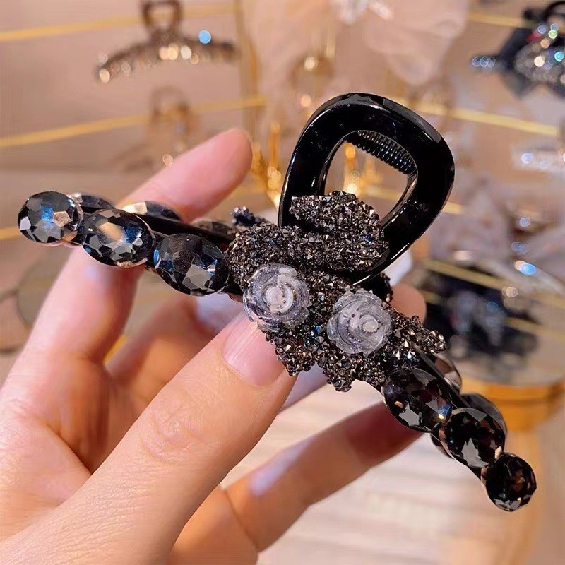 Advanced Satin Satin Big Black Bowknot Clip de tiburón Tocado Diamante cuadrado Horquilla en la parte posterior de la cabeza Clip de agarre Horquilla femenina