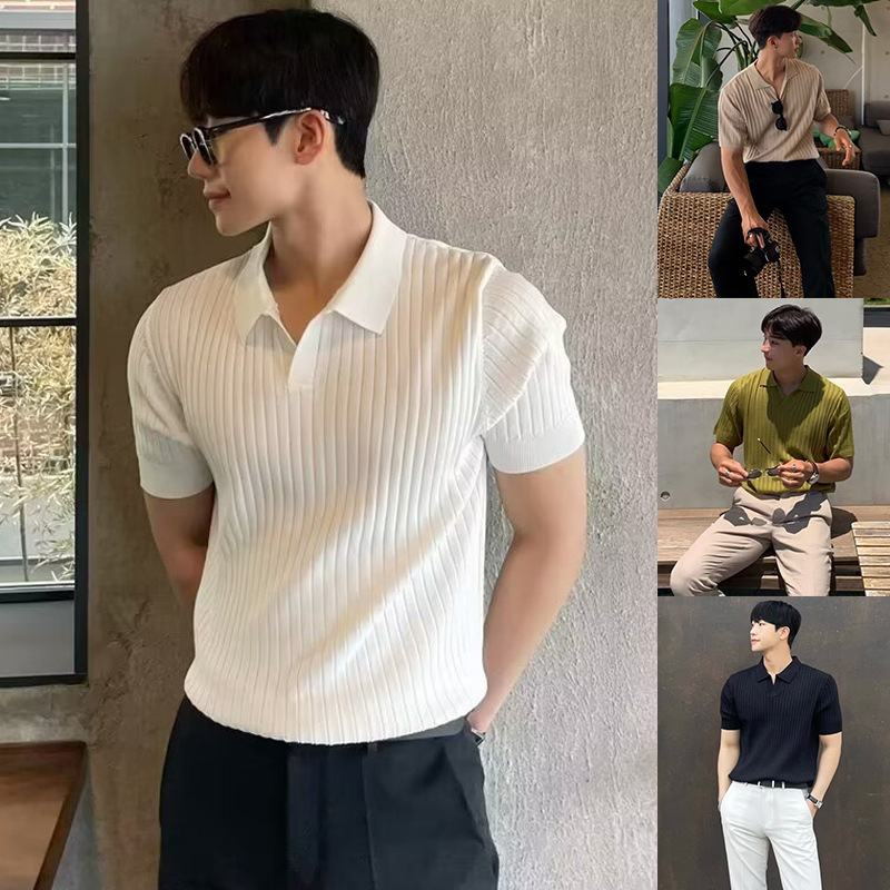 Polo Shirt Lapel V Neck Seagull Collar Knitted Short-Sleeved Men's Stripesd Old Money Style Ice Silk Breathable Cross-Border Factory Wholesale Polo Shirt Lapel V Neck Seagull Collar Knitted Short-Sleeved Men's Stripesd Old Money Style Ice Silk Breathable Cross-Border Factory Wholesale