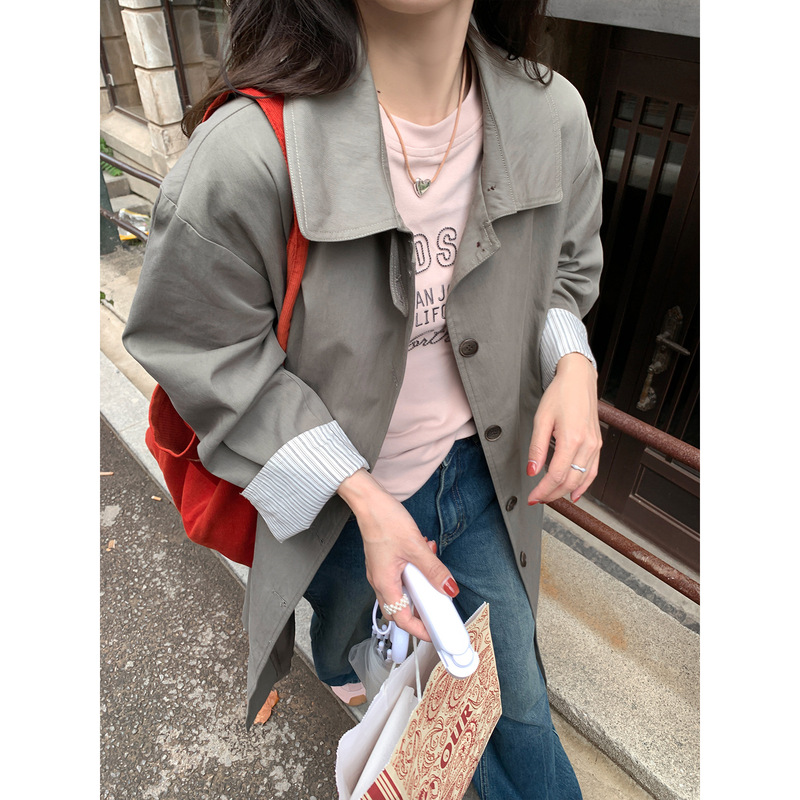西西里安 塞特秋来信~小个子韩系拼接条纹袖廓形风衣外套女中长款|undefined