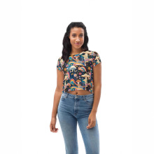 跨境热卖潮流创意个性炫彩蘑菇系列3d印花短款女士休闲圆领T恤衫