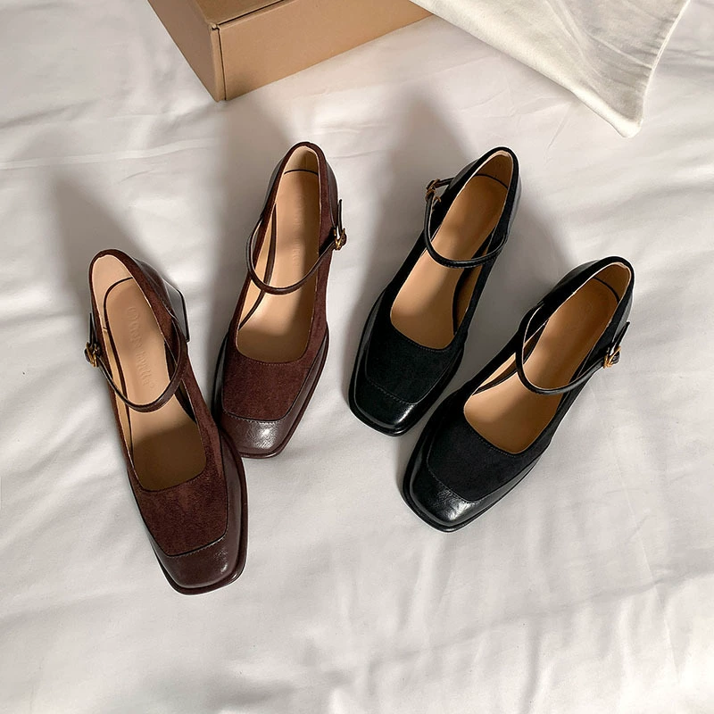 Коровья кожа версия ~ Туфли на высоком каблуке женские весенние и осенние новые квадратные головы толстый подошв черный маленький мужчина французский толстый каблук Мэри Джейн