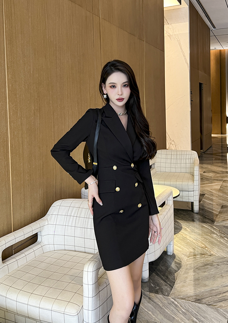 Đầm blazer nữ công sở kiểu dáng thời trang Pháp, tay dài, cổ ve — Màu đen chi tiết 12