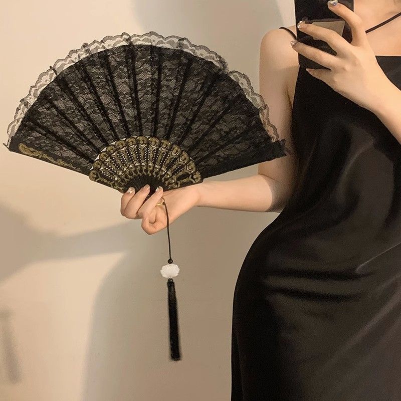 新中式复古黑色蕾丝折扇jk洛丽塔汉服旗袍扇子流苏古风拍照道具潮