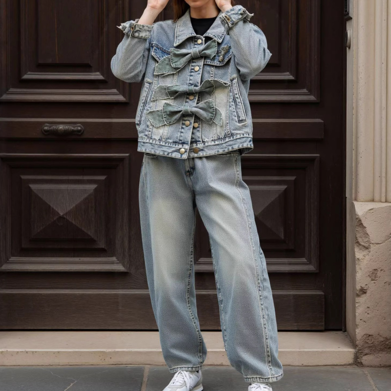 Niche Fashion Bow-Knot Distressed Denim Set for Women, New Spring Style Heavy-Duty Jacket Short Coat + Wide-Leg Long Pants Niche Fashion Bow-Knot Distressed Denim Set for Women, New Spring Style Heavy-Duty Jacket Short Coat + Wide-Leg Long Pants