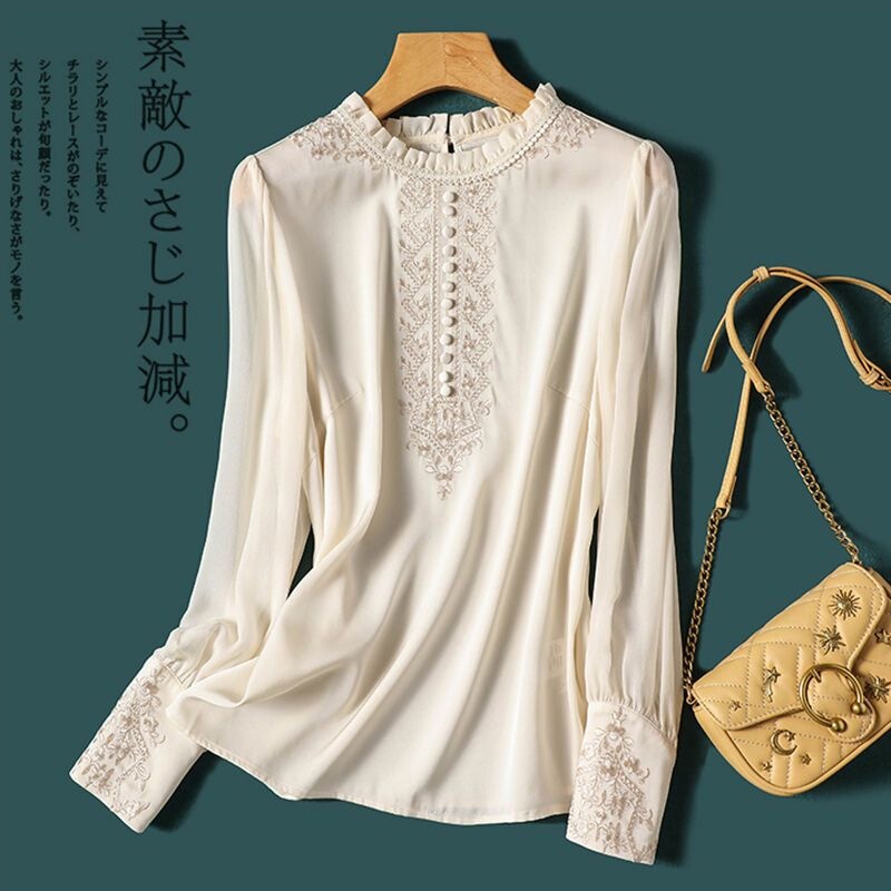 Heavy Embroidery Faux Silk Shirt for Women, 2022 Autumn New Style, Ruffled Edge Pullover, Imitation Mulberry Silk Long-Sleeve T-Shirt Top