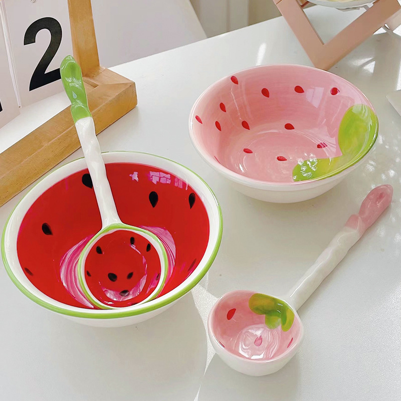 高颜值卡通陶瓷碗 ins风草莓碗西瓜勺子儿童可爱饭碗汤碗餐具批发