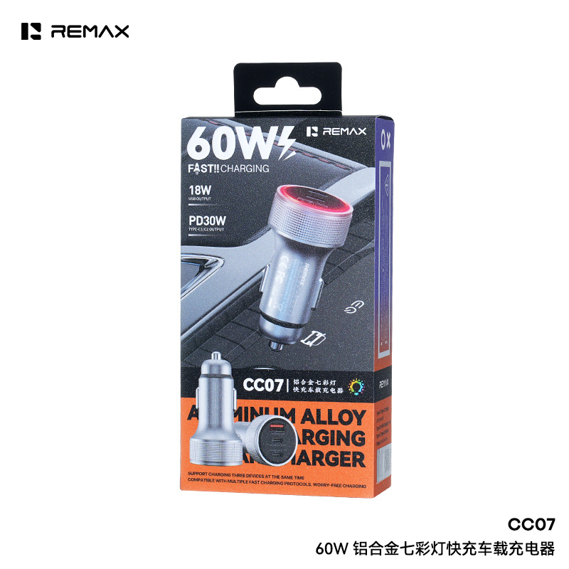 Remax 60W Aluminum Alloy Three-Port Colorful Light Fast Charging Car Charger Car Mini Car Charger Cc07