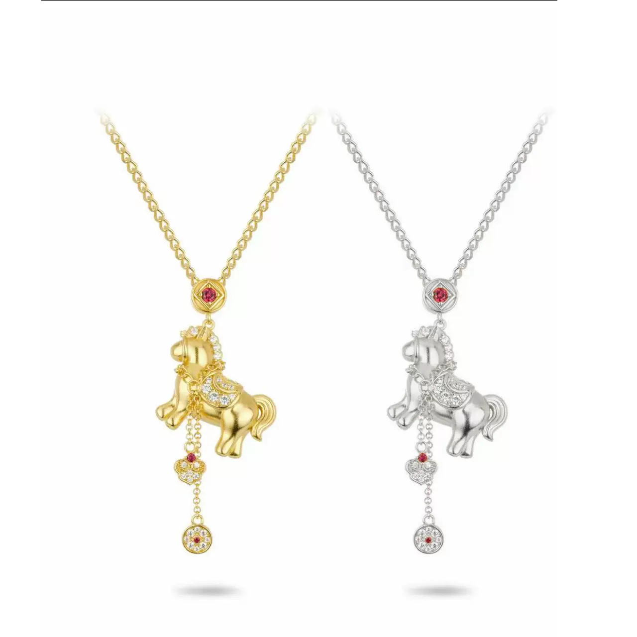 黄铜镀真金钱多多满钻小马豪镶百搭流苏项链本命年生肖马铜钱吊坠