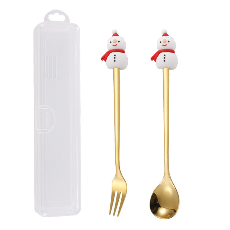 クリスマススプーンセット クリスマス食器ギフト2点セット デザートスプーンとフォーク サンタクロースとトナカイのフィギュア付きスプーン|undefined