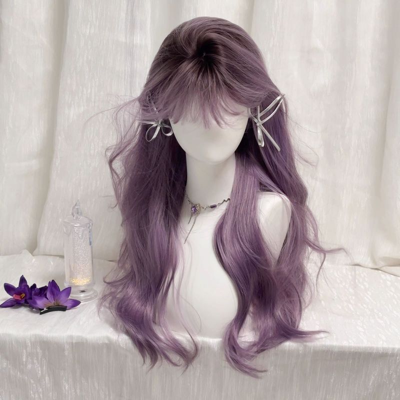 [Midsummer Dream] Wig for Women with Bangs, Gray Purple Gradient Long Curly Hair, Qi Yu Hair Color Cos Full Headgear