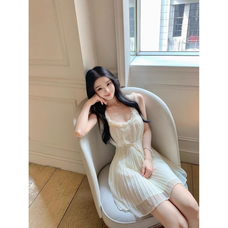 甜美温柔气质蕾丝边百褶睡裙显瘦小个子穿搭旅游度假短裙子夏|undefined