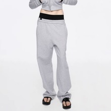 “散步”螺纹双腰头抓绒宽松款卫裤 黑色/花灰色