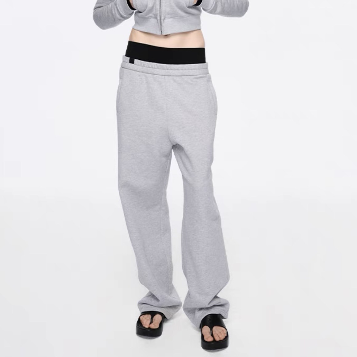 “散步”螺纹双腰头抓绒宽松款卫裤 黑色/花灰色