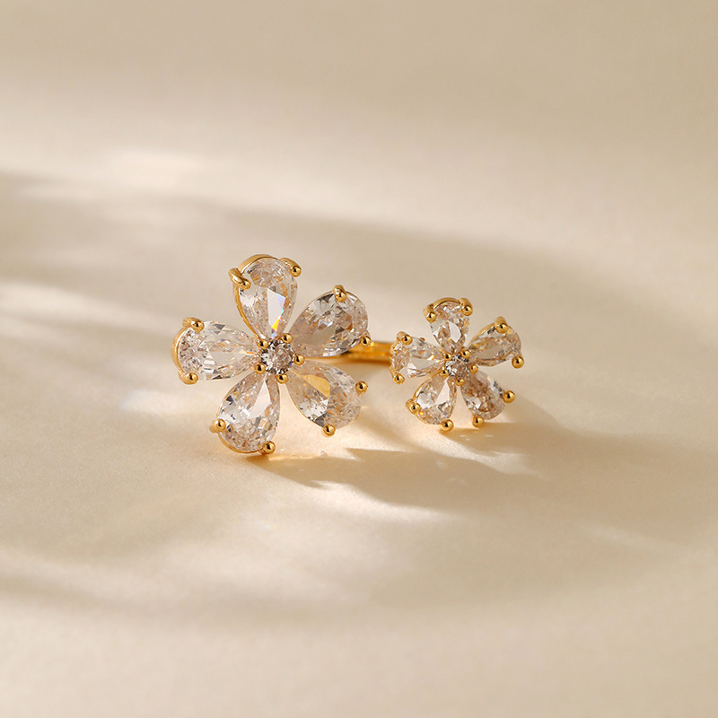 Copper Material Copper 18K Gold Plated Inlay Flower Zircon Open Rings