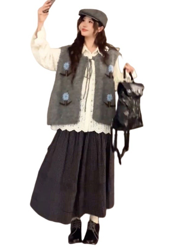 韩系学院风休闲灰色针织马甲+长袖衬衫+高腰格子半身裙女三件套装|undefined