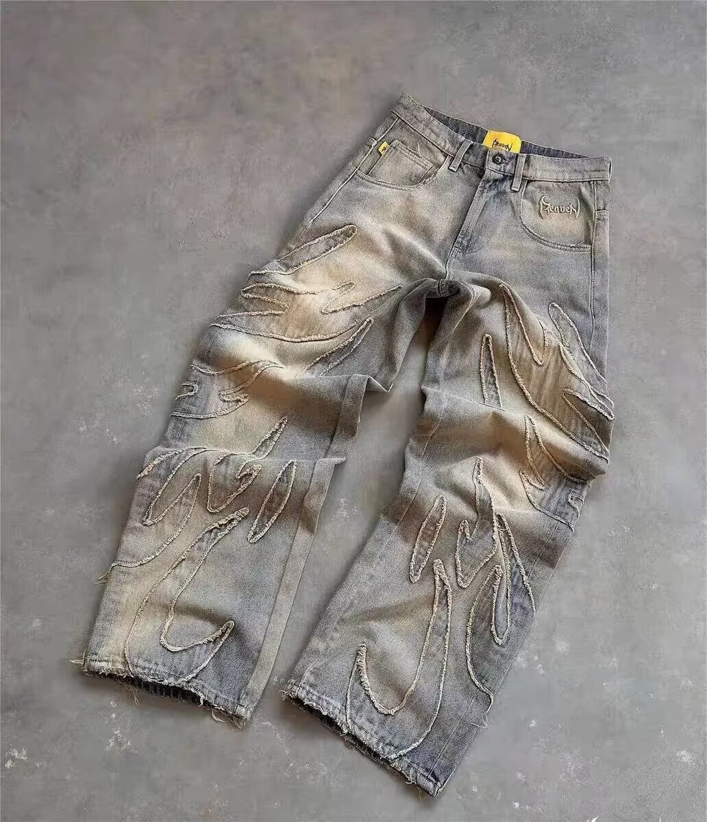 Vintage Embroidered Straight Leg Jeans For Men & Women – Relaxed Fit, Streetwear Fashion, Cotton Denim Pants (Black, Blue-Yellow)​_mkmklike.com
