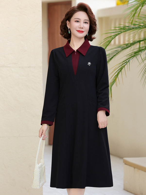 喜庆婚宴礼服秋季新款中老年女装翻领假两件裙子气质大码妈妈装|undefined