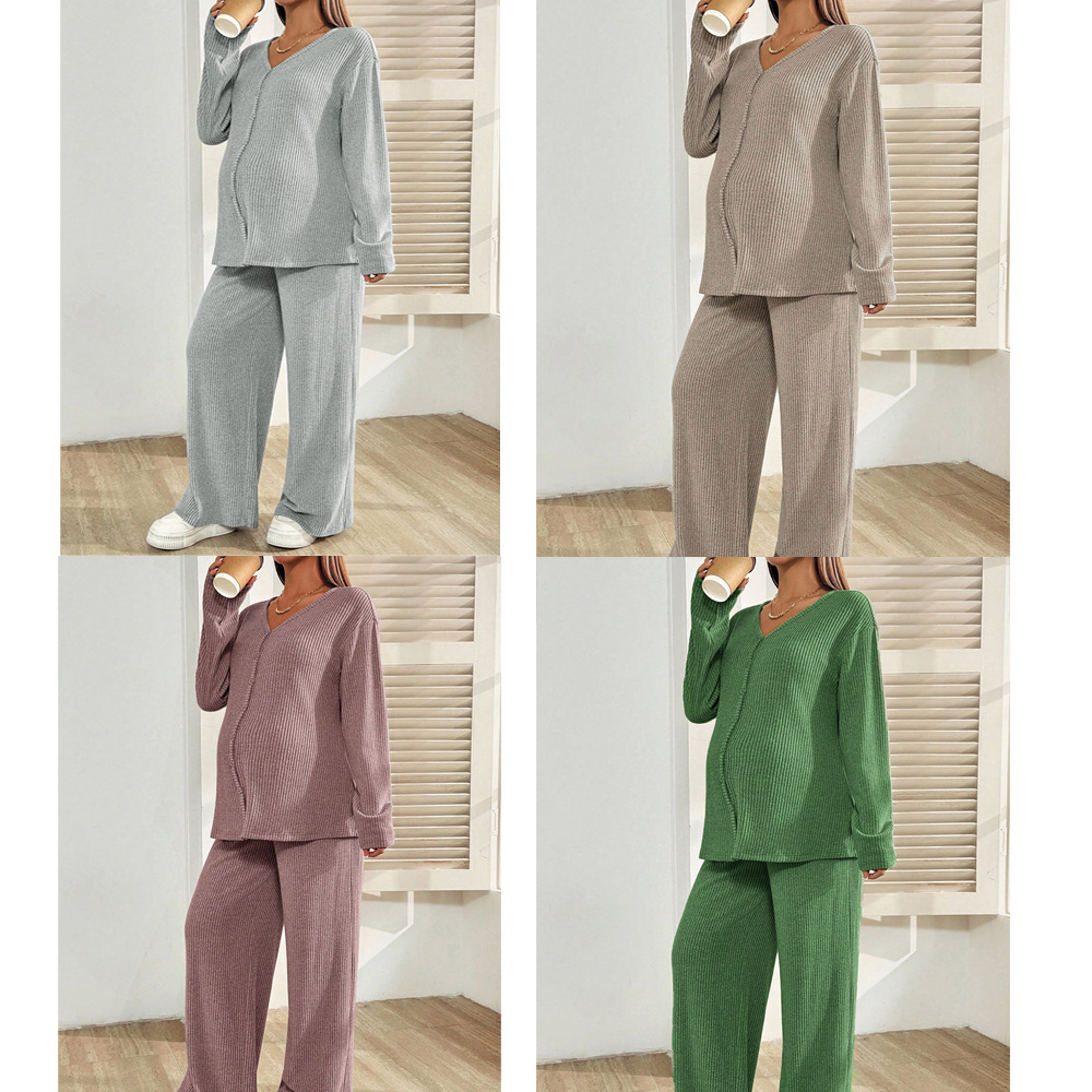 V-neck, single-breasted, ribbed knit maternity set featuring a long-sleeved cardigan top and wide-leg pants, suitable for both home wear and outings