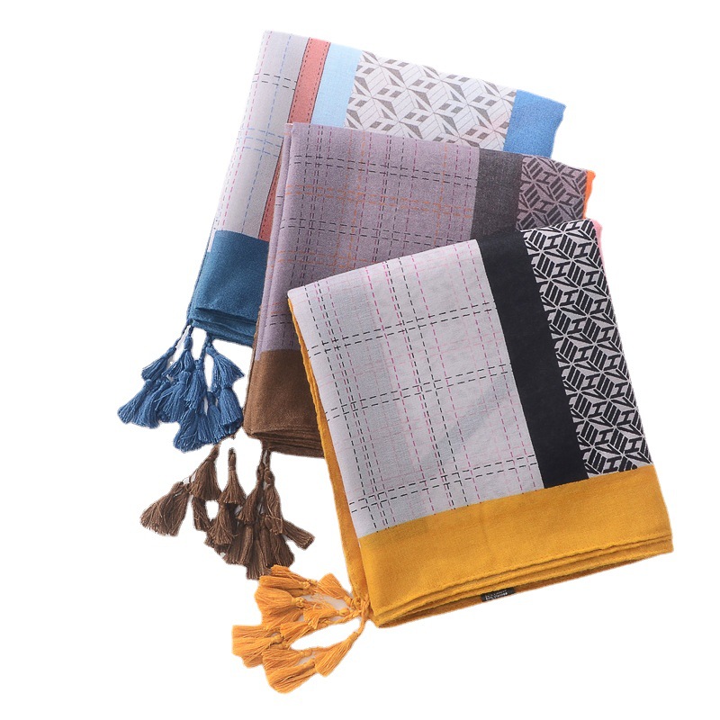 Amazon transfronterizo europeo y americano bufanda de primavera patrón de cinturón de cadena geométrica de las mujeres impreso bufanda de borla de algodón y lino