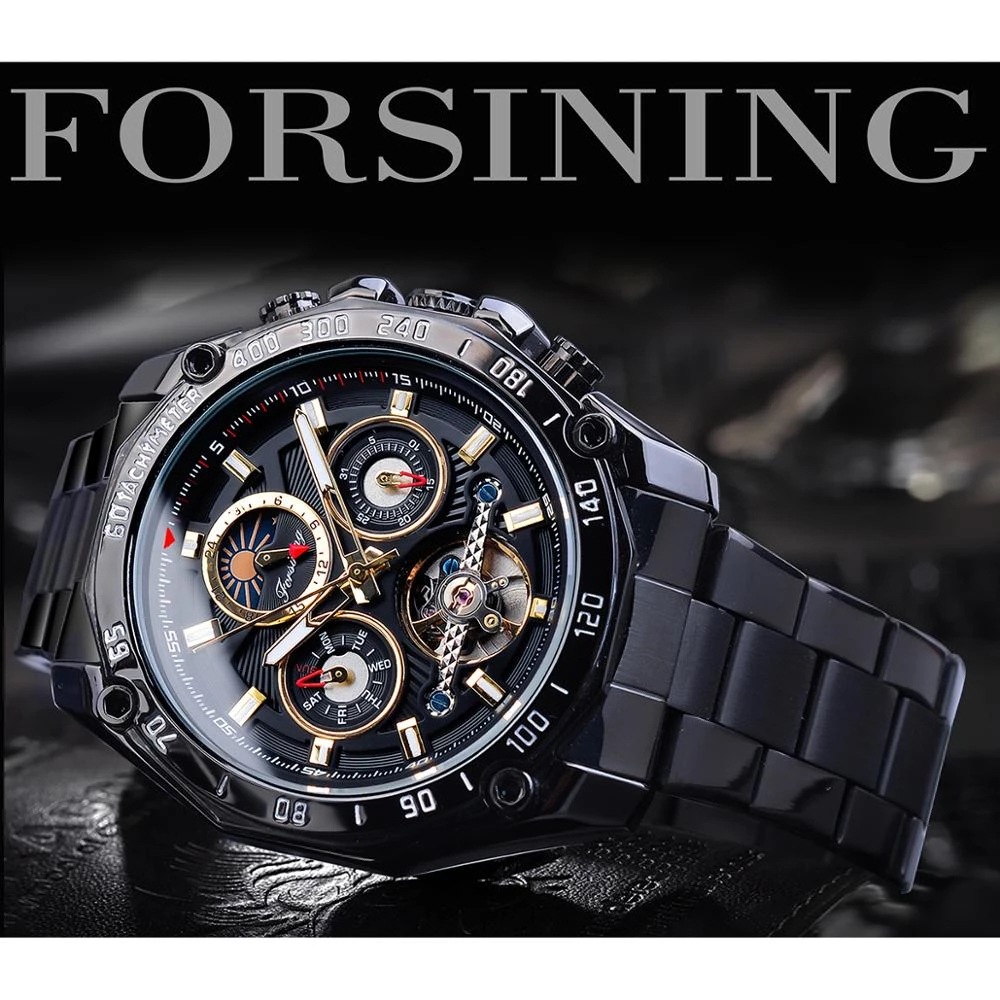 Forsining Black Three Plate Men's Mechanical Watch Automatic Tourbillon Hollow Moon Phase Weekly Steel Band Watch_voghion.com