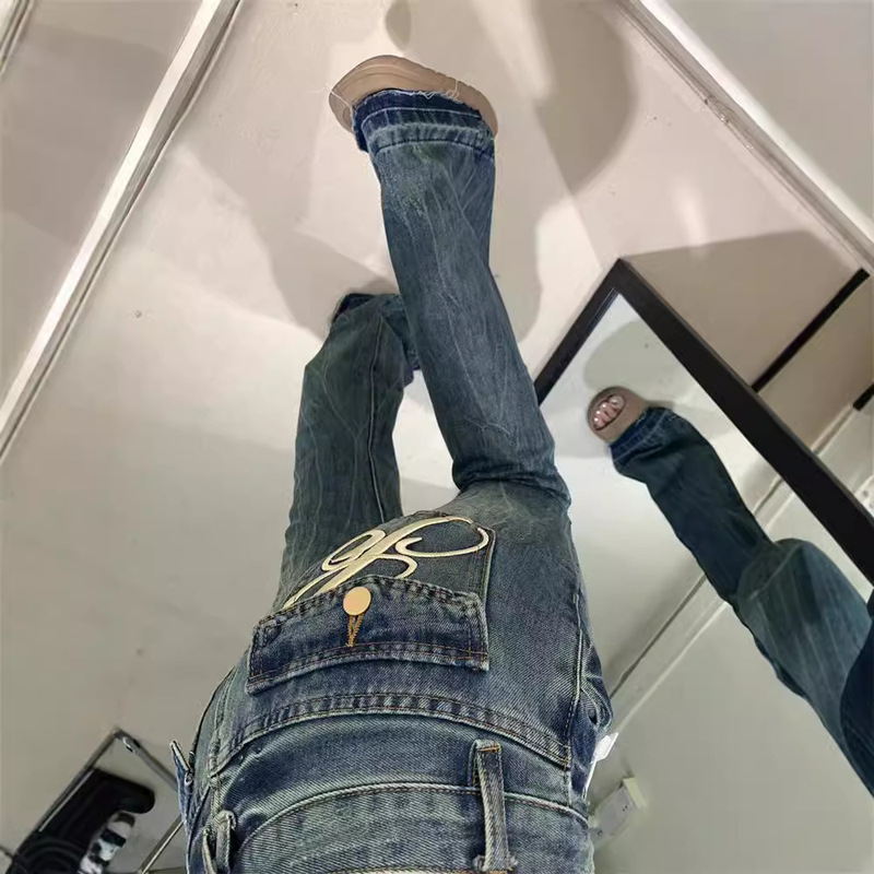 2026 Spring and Autumn Vintage Blue Embroidered Flared Jeans American High Street Style Stretch Slim Fit High Waist for Women