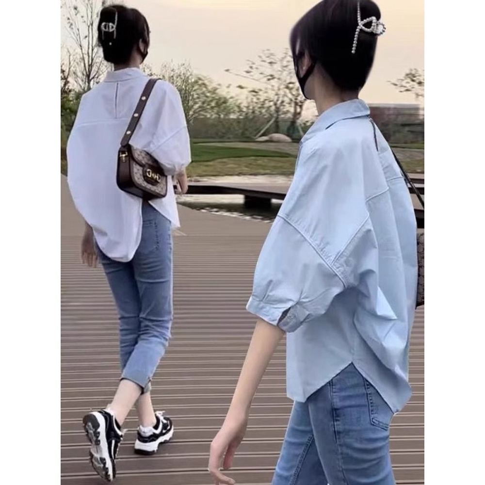 Áo sơ mi nữ cotton mùa hè tay lỡ phong cách Hàn Quốc — Màu xanh lam nhạt