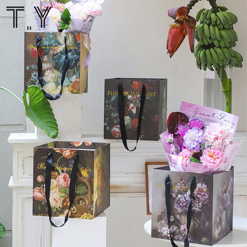 烫金复古油画风手提袋情网红方形花束手拎袋鲜花包装袋花店资材