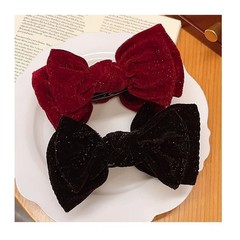 Elegant Velvet Red Pom-Pom Hair Clip for Women: Vintage Chic Ponytail Bun Styling Shark-Claw Clip with Bow