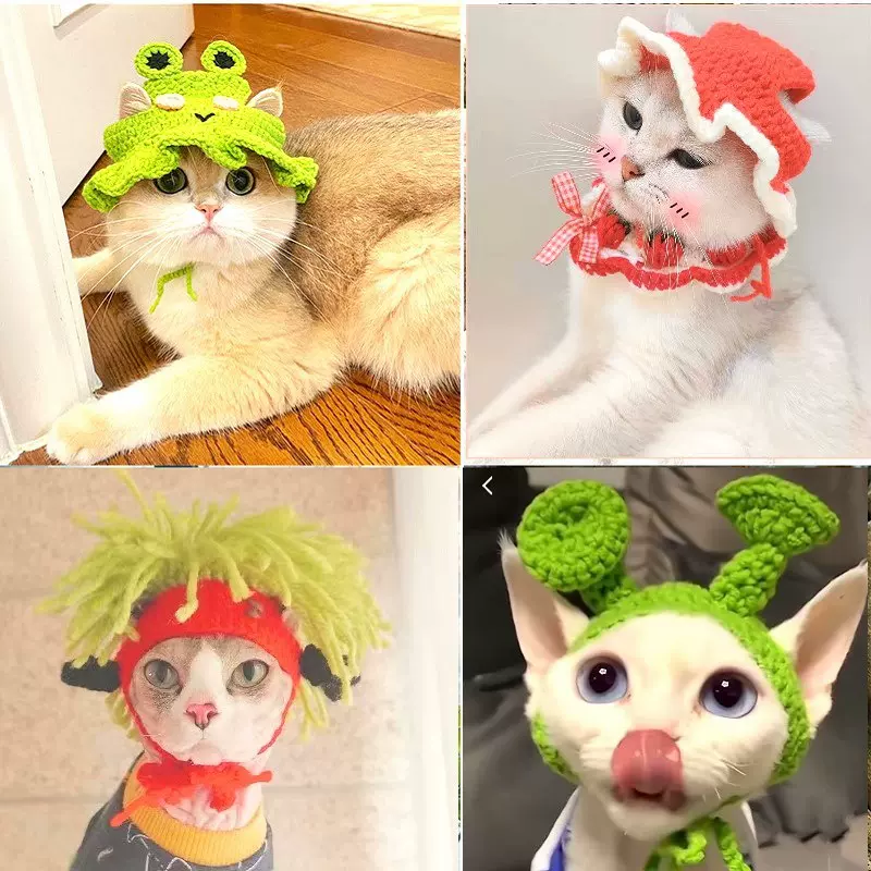 亚马逊毛线宠物头套搞怪可爱变身装帽手工编织猫咪帽子小狗狗头套