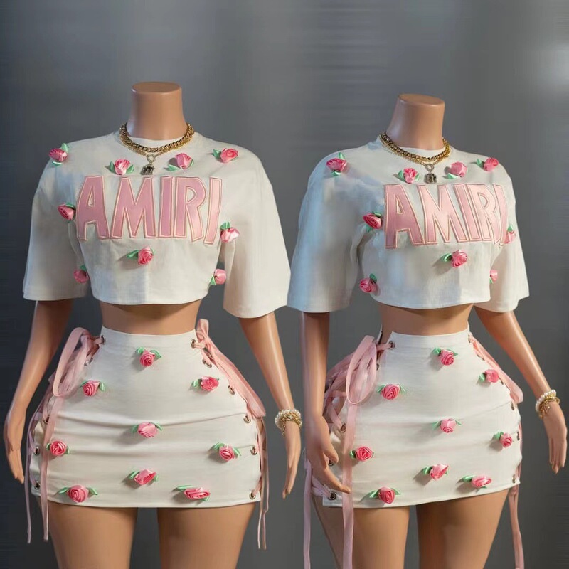 FC1369 European and American Cross-border Sexy Spice Girl Stereo Rose Decorative Navel T-shirt Short Skirt suit