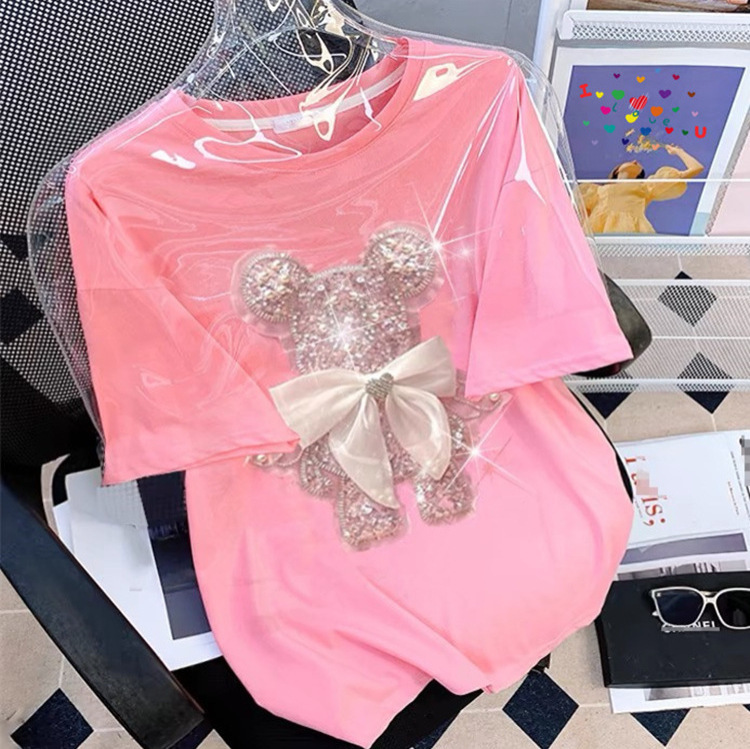 200g cotton European three-dimensional diamond sequins embroidered cartoon short sleeve T-shirt women's summer loose fashion age-reducing top 200g cotton European three-dimensional diamond sequins embroidered cartoon short sleeve T-shirt women's summer loose fashion age-reducing top